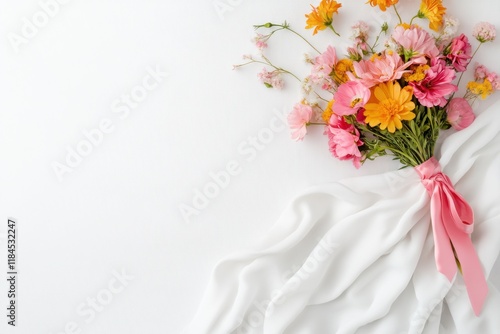Wallpaper Mural Beautiful bouquet of pastel wildflowers tied with pink ribbon on white linen cloth Torontodigital.ca