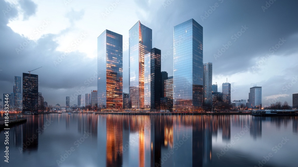 Naklejka premium Dramatic Sunset Silhouettes of Towering Skyscrapers Reflecting on Calm Water in Modern Cityscape