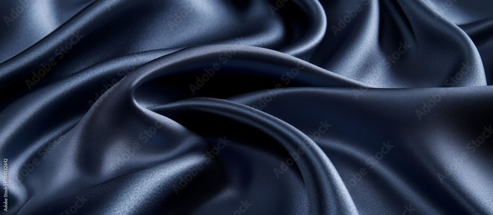 Fototapeta premium Dark navy satin with smooth waves and soft folds, creating a luxury backdrop with a flowing, gradient pattern. Elegant and polished design.