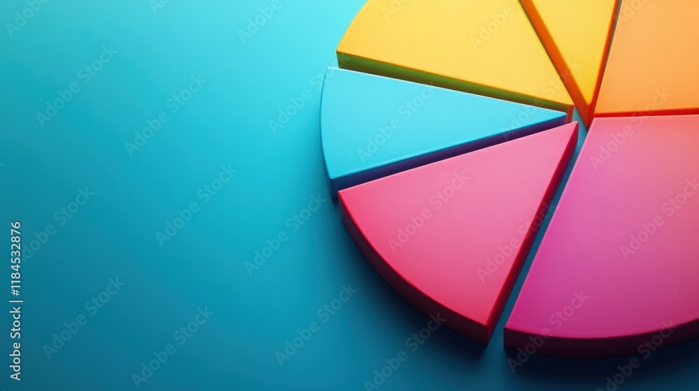 Obraz premium Colorful 3D pie chart on blue background, showing data segments.