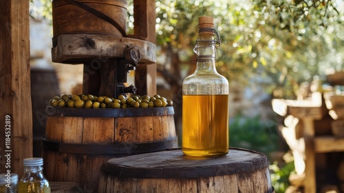 Rustic Olive Oil Press with Freshly Pressed Oil