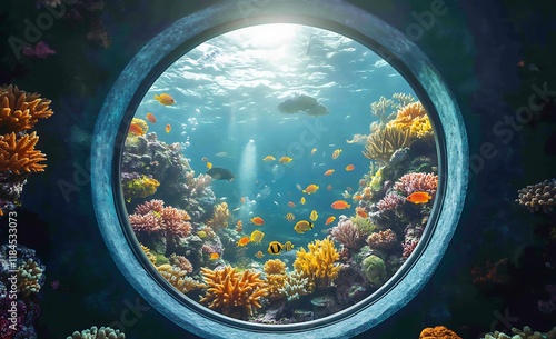 Vibrant Coral Reef Scene Viewed Through a Porthole