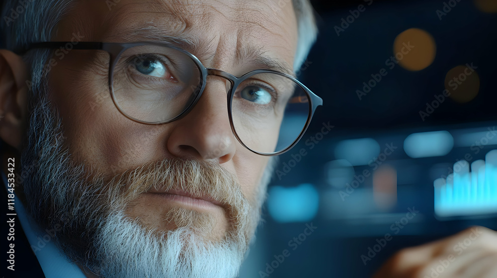 Serious businessman analyzing data on screen, office night, financial charts Serious businessman analyzing data on screen, office night, financial charts
