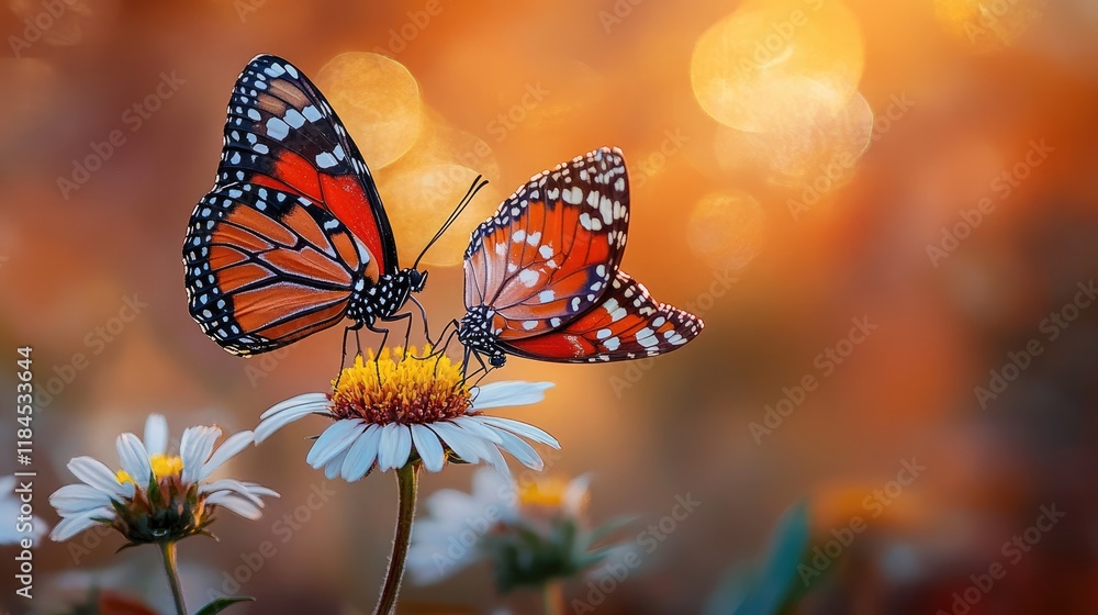 Naklejka premium Two butterflies perched on a flower, showcasing nature's beauty and delicate interactions.