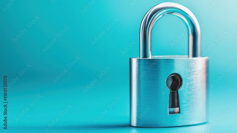 Fototapeta premium Metallic Padlock on Turquoise Backdrop Represents Secure Digital Data or Financial Protection