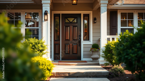 A light beige house's front entrance features a dark brown wooden door with sidelights and a transom window.  Stone steps lead to the door, flanked by shrubs.  The scene is subtly blurred at the edges