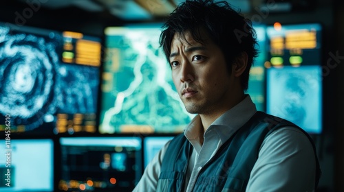Japanese Male Tracking Climate Change on Disaster Data Screen