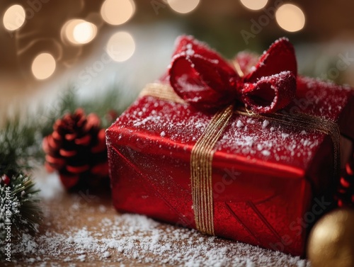 Christmas present under snowy lights cozy indoor setting gift photography holiday spirit close-up view celebration concept