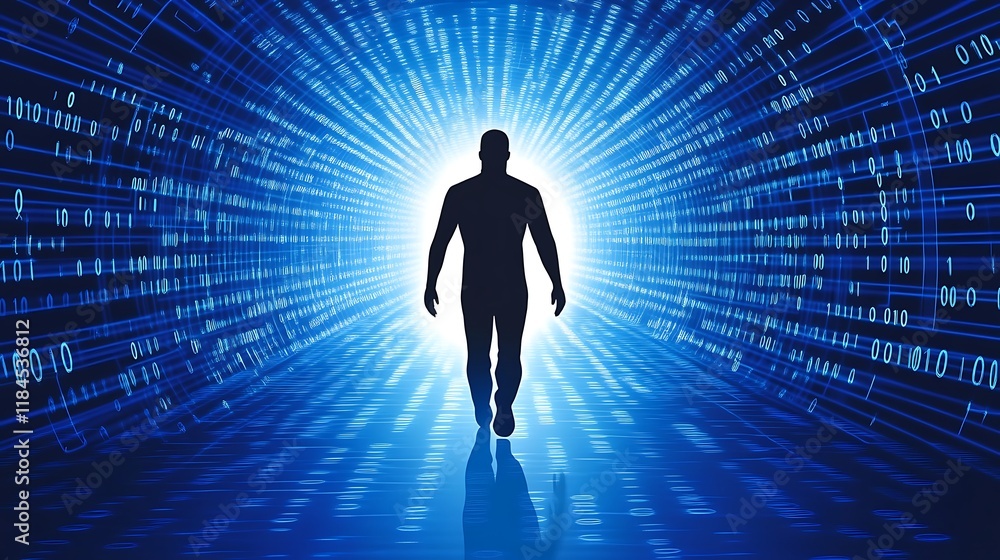 Silhouette Walking Through a Blue Digital Tunnel Silhouette Walking Through a Blue Digital Tunnel