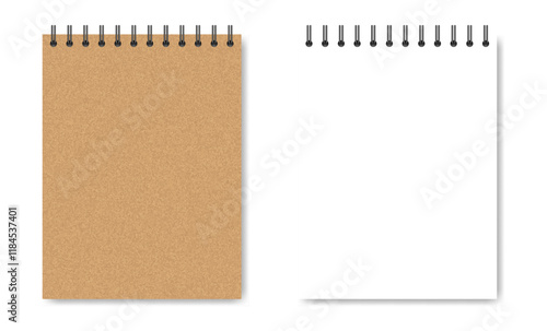 Mockup of a notebook with spiral. A5 vertical format. Brown cover. Kraft paper, cardboard. Shiny metal binder clip. Mockup of a small book, diary, notepad. Copybook, sheets of paper with black binder