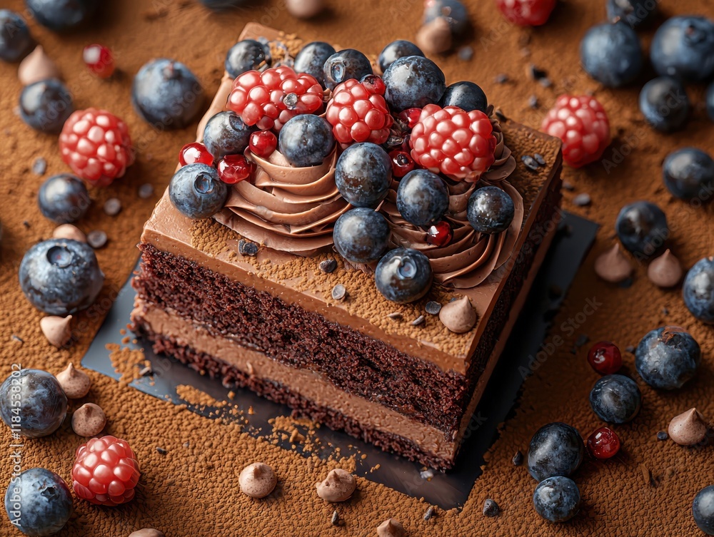Decadent chocolate cake with fresh berries bakery dessert gourmet setting close-up culinary delight Decadent chocolate cake with fresh berries bakery dessert gourmet setting close-up culinary delight