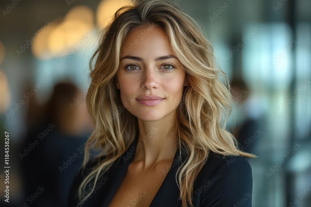 confident female business leader standing in modern corporate boardroom with glass walls while team discusses strategy in background confident female business leader standing in modern corporate boardroom with glass walls while team discusses strategy in background