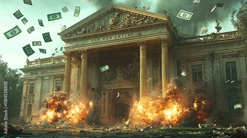 A dramatic scene depicting an explosion at a grand building, surrounded by flying money.