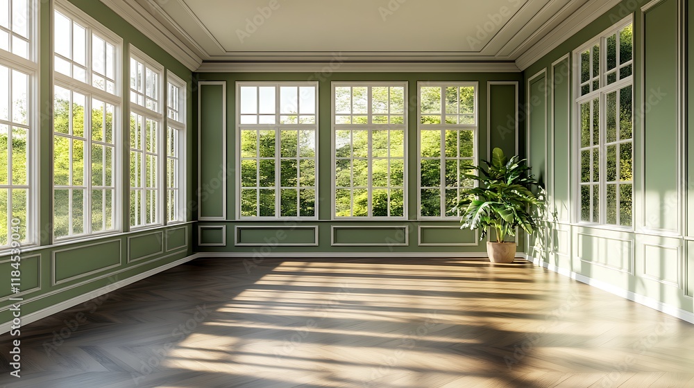 Fototapeta premium Sunlit Room with Green Walls and Large Windows