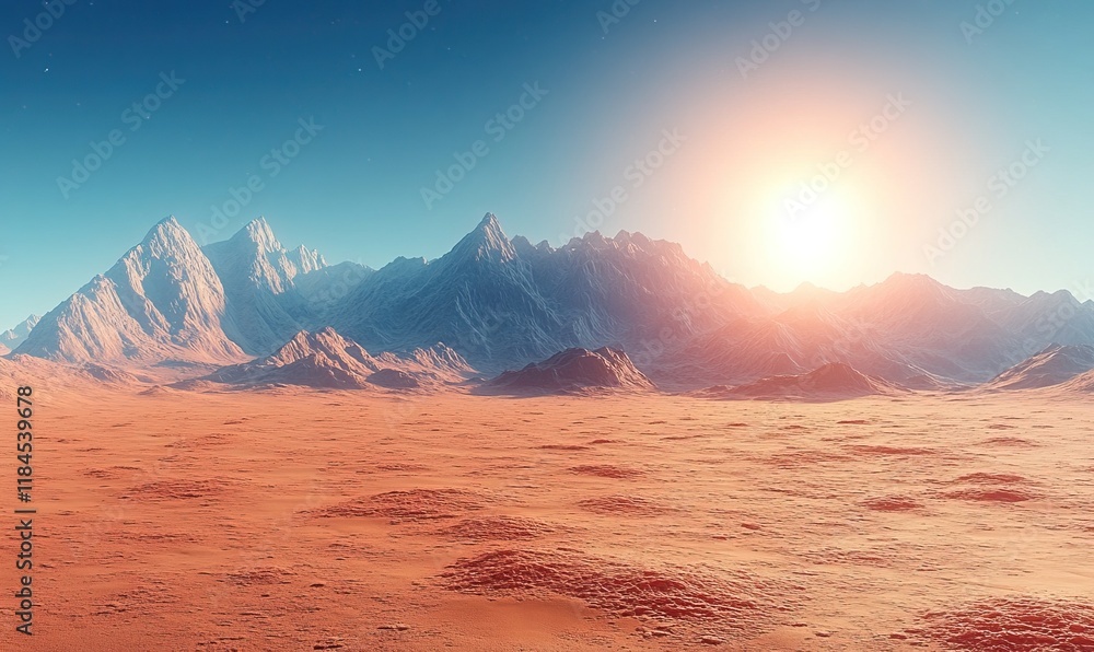 Naklejka premium A serene landscape featuring mountains under a glowing sunrise in a desert-like environment.