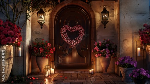 Wallpaper Mural Welcoming entryway decorated for Valentine's Day with heart-shaped wreaths, floral vases, glowing candles, romantic atmosphere, inviting vibe, banners, wallpapers, social media, marketing materials. Torontodigital.ca