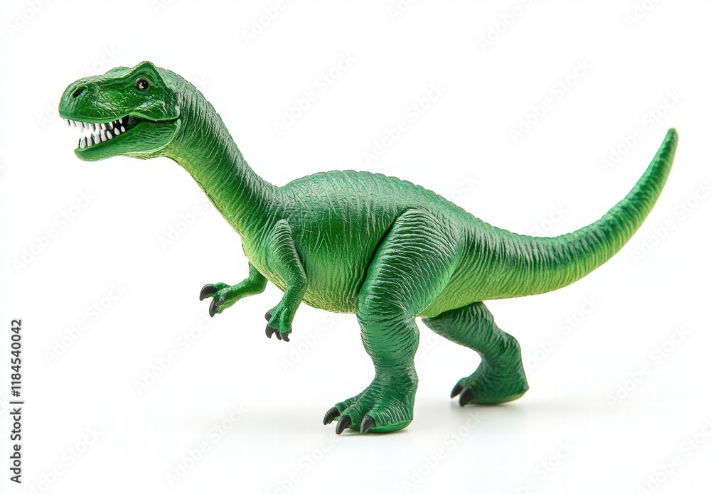 Fototapeta premium A green dinosaur toy is standing on a white background