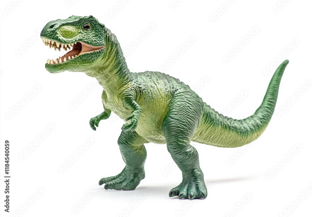 Obraz premium A green dinosaur toy with a mouth open and teeth showing