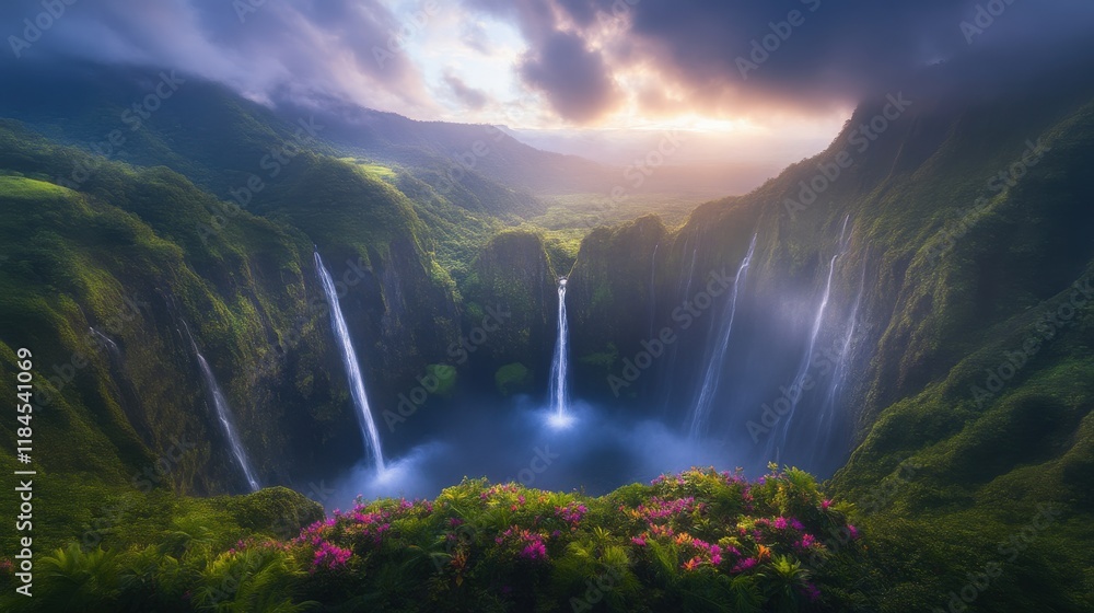 Fototapeta premium Serene valley waterfalls at sunset, lush greenery
