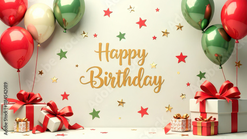 Birthday Card with Balloons, Gifts, and Stars  for Congratulations