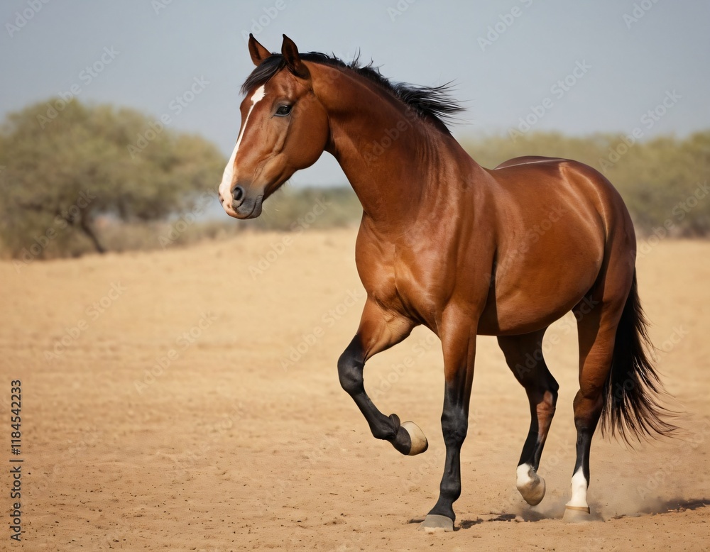 Obraz premium Majestic Horse Strut: A regal chestnut horse, exuding strength and grace, strides confidently across the golden terrain under a clear sky, showcasing its powerful build and spirit. Ai generated image