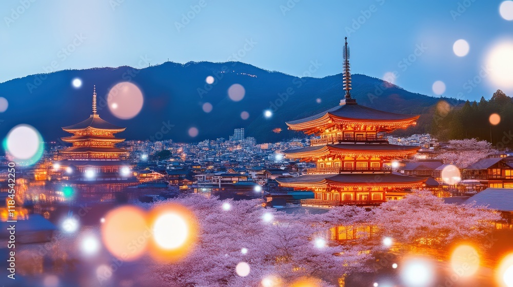 Fototapeta premium Nighttime cherry blossoms illuminate ancient pagodas