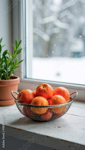 Wire Basket of Tangerines on UnderWindow. Cozy Home Atmosphere in Winter