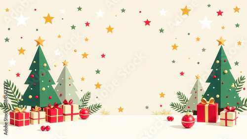 Festive New Year Background with Space for Text: Christmas Trees, Gifts, Baubles, Stars - New Year, Christmas