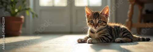Cute and Cozy Atmosphere: Kitten Lying on the Floor in a Bright Interior