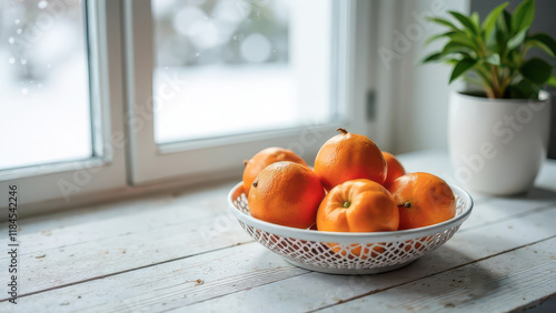 Plate of Tangerines on Table by Window, Cozy Home Atmosphere in Winter