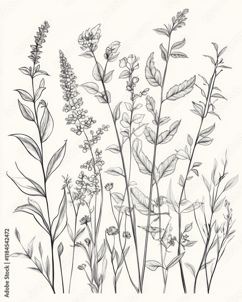 Naklejka premium Hand-drawn illustration of a variety of plants with intricate linework on a white background