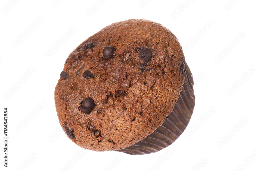 Delicious sweet muffin with chocolate chips isolated on white Delicious sweet muffin with chocolate chips isolated on white
