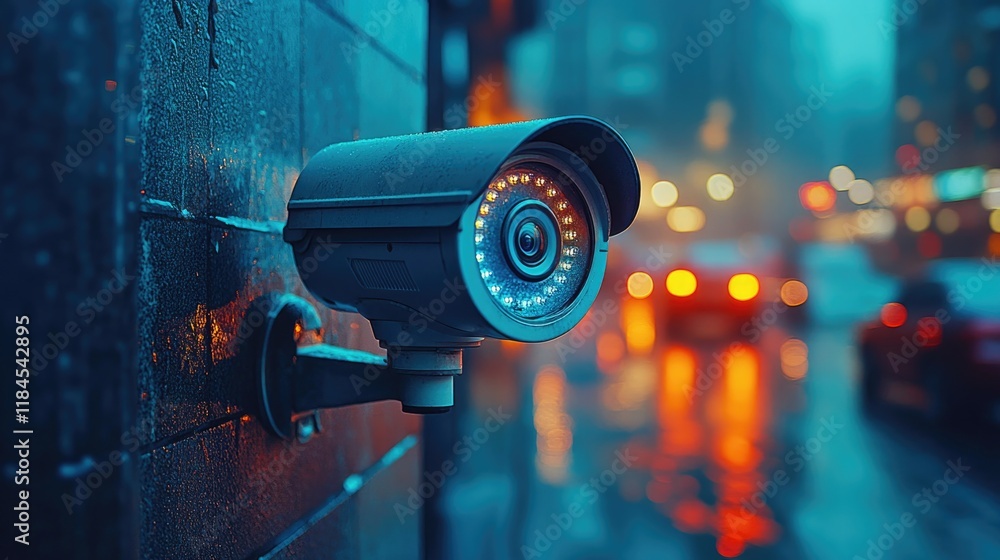 Security camera in rainy urban night with blurred city lights Security camera in rainy urban night with blurred city lights