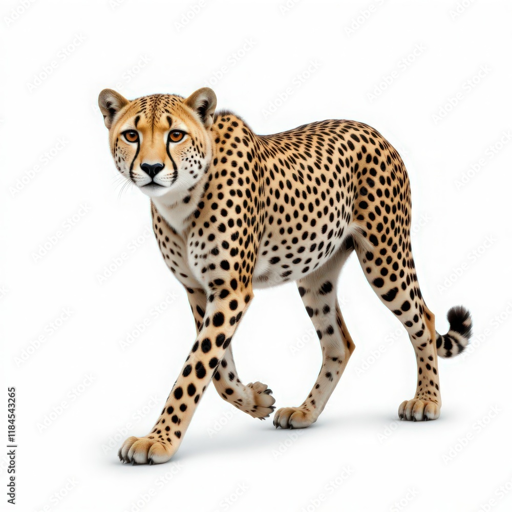 Cheetah in a Walking Pose Against a White Background Cheetah in a Walking Pose Against a White Background