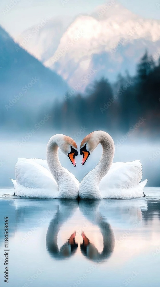 Obraz premium Swans Forming a Heart Shaped Reflection on a Serene Lake Amid Mountain Scenery