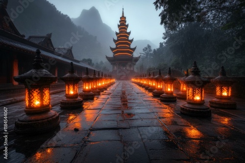 A peaceful night scene of an ubosot, illuminated by soft lantern light and surrounded by the quiet of the temple grounds photo