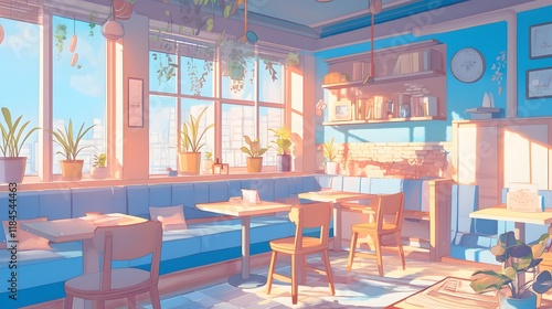 Retro-style anime coffee shop with pastel-colored decor and cozy seating photo