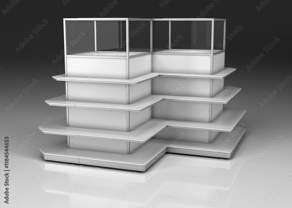 Retail double sided shelving with open empty shelves and upper glass closed showcase. 3d Illustration on gray backgroun Retail double sided shelving with open empty shelves and upper glass closed showcase. 3d Illustration on gray backgroun