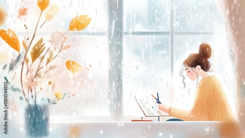 Cozy autumn afternoon with woman sketching by the window during rainy day