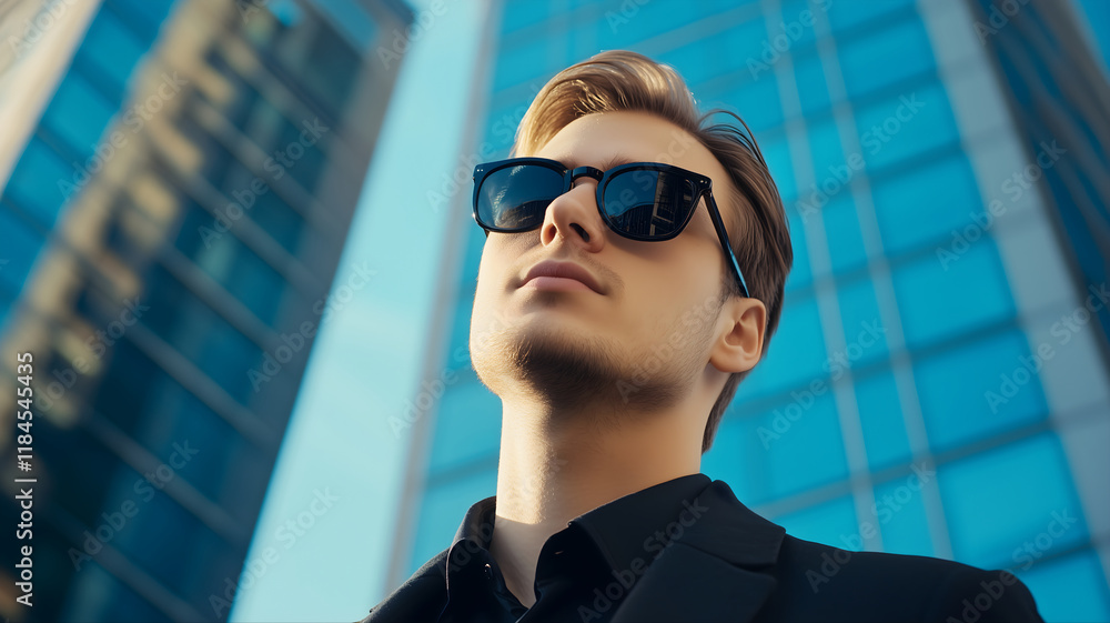 Man near skyscraper in city, business center, businessman Man near skyscraper in city, business center, businessman