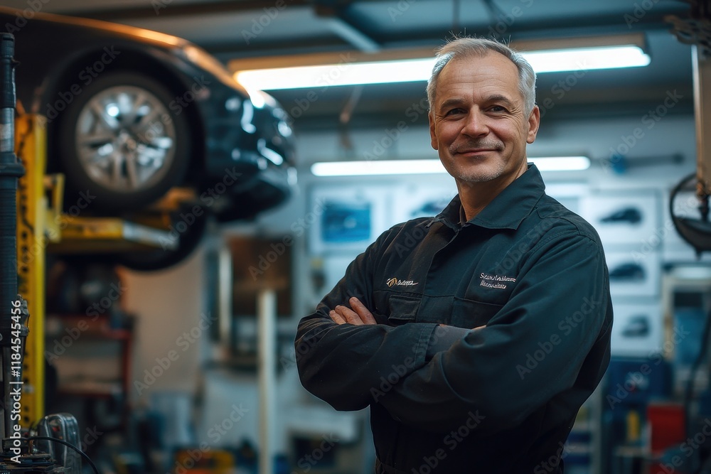 Male car mechanic standing confidently in front of car on hydraulic lift Male car mechanic standing confidently in front of car on hydraulic lift