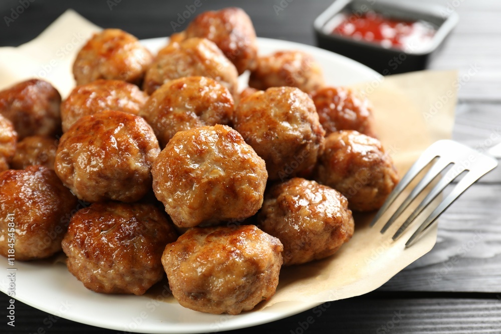 Many delicious meatballs on dark wooden table, closeup Many delicious meatballs on dark wooden table, closeup