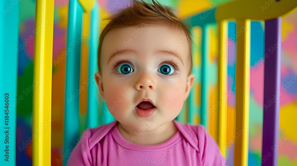 A surprised baby with big blue eyes, wearing a pink outfit, sits in a colorful crib surrounded by vibrant patterns. A surprised baby with big blue eyes, wearing a pink outfit, sits in a colorful crib surrounded by vibrant patterns.