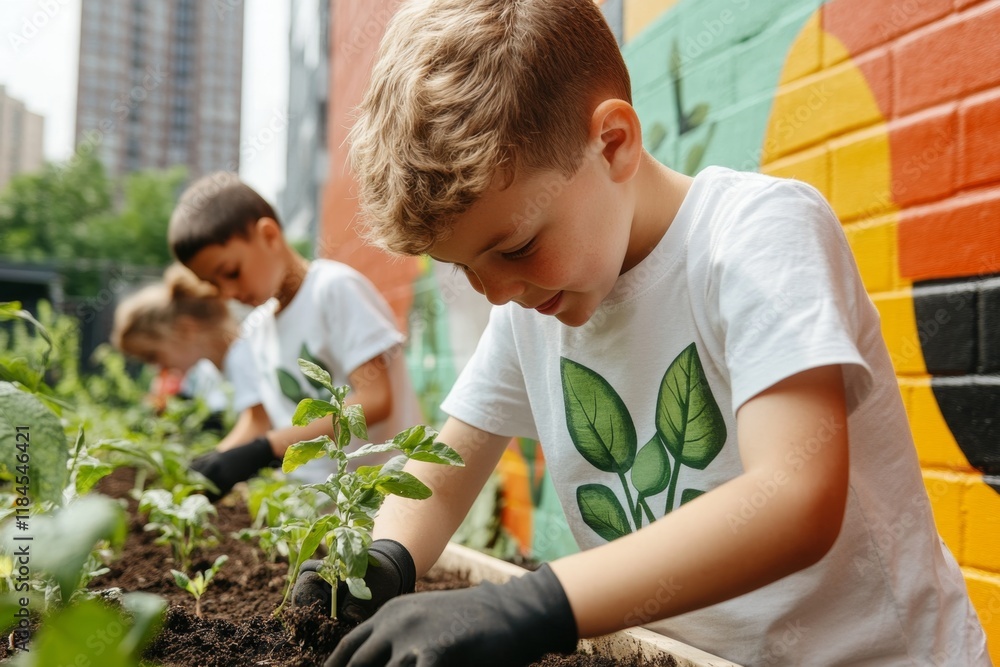 A school garden in an urban area, with children planting seeds and learning about sustainability surrounded by colorful murals A school garden in an urban area, with children planting seeds and learning about sustainability surrounded by colorful murals