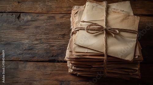 A stack of love letters tied together with twine, placed on a rustic wooden surface