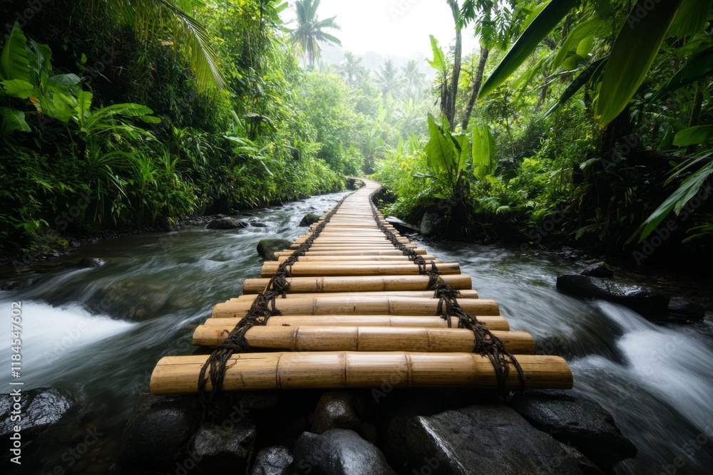 Obraz premium A scenic view of a bamboo bridge crossing a small river in Ubud forest