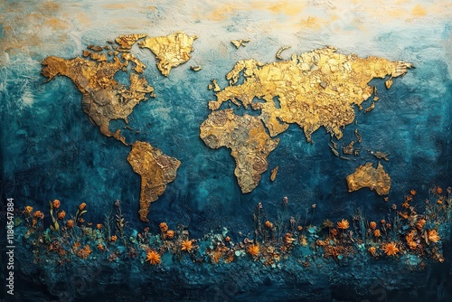 creative environmental collage combining various natural textures and cultural patterns forming earths continents and oceans in mixed media style
