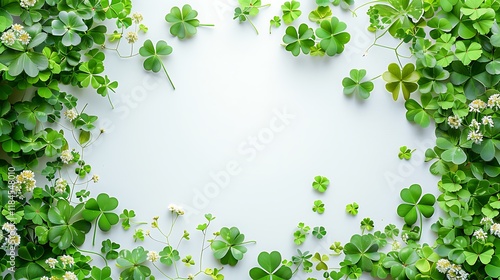 A beautiful arrangement of bright green clovers and dainty flowers framing a spotless white backdrop, capturing the essence of springa??s renewal and beauty. photo