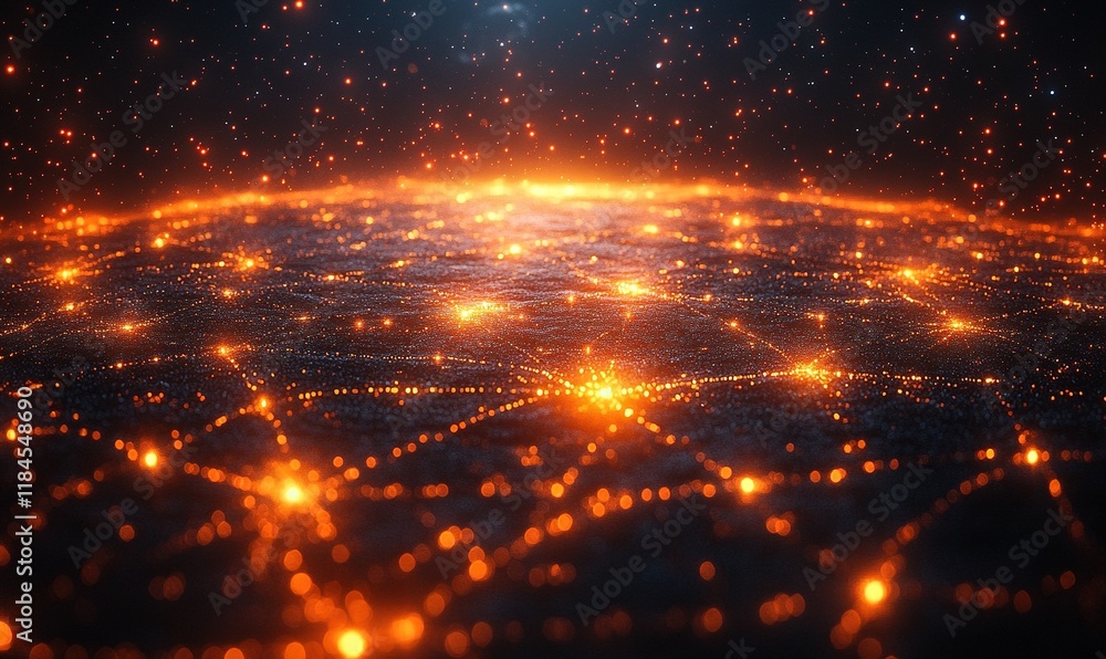 A digital landscape representing interconnected nodes and networks, glowing with orange lights. A digital landscape representing interconnected nodes and networks, glowing with orange lights.