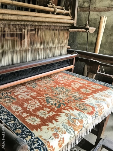 Handwoven Heritage, A Vintage Loom Weaving a Detailed Floral Rug with Intricate Designs and Textural Fringes, photo